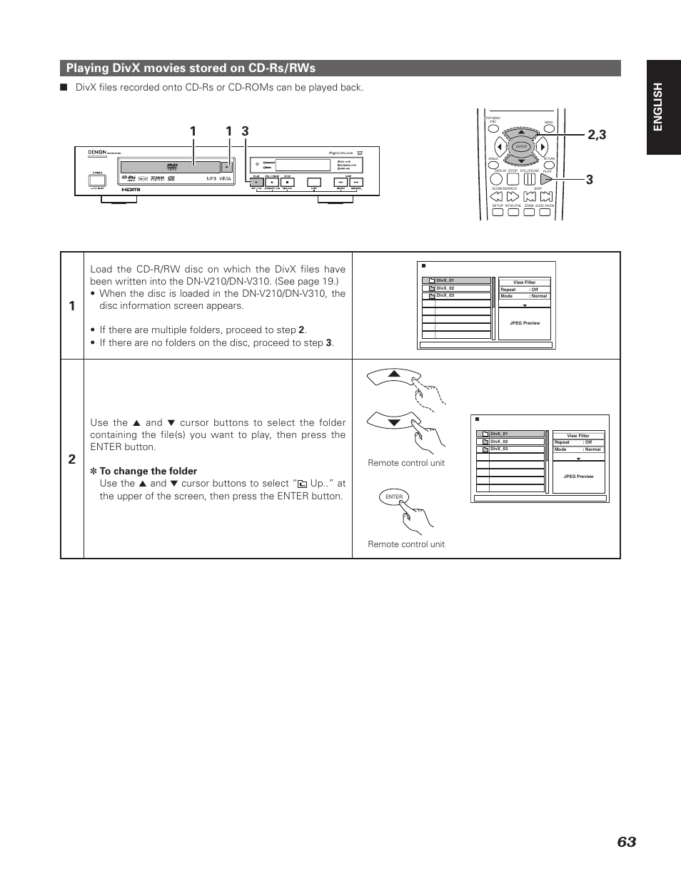 Playing divx movies stored on cd-rs/rws, English | Denon DN-V310 User Manual | Page 70 / 83