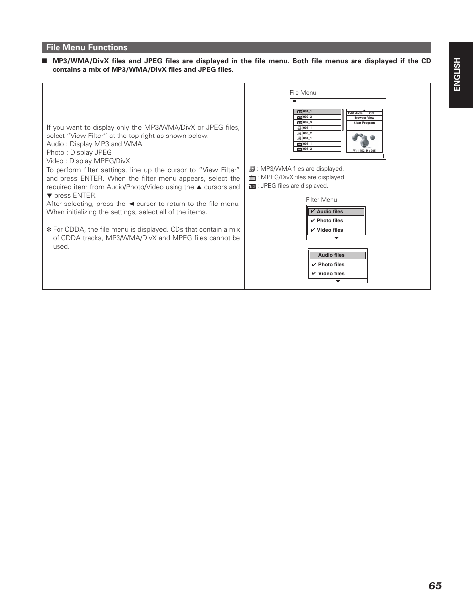 File menu functions, English | Denon DN-V310 User Manual | Page 72 / 83