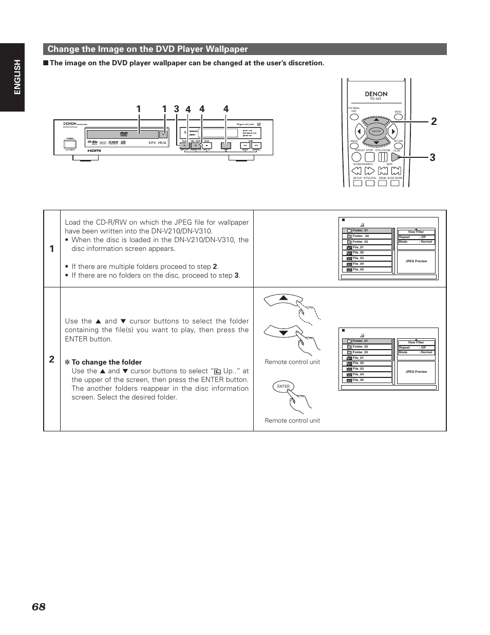 Change the image on the dvd player wallpaper, English | Denon DN-V310 User Manual | Page 75 / 83