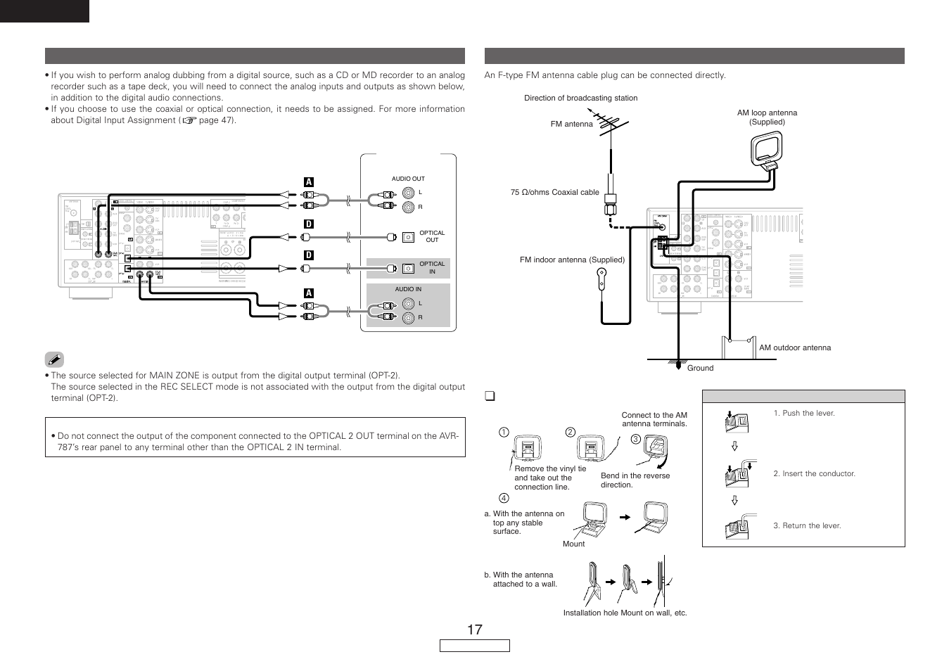 English, Connecting a cd recorder or md recorder, Am loop antenna assembly | Connecting the antenna terminals | Denon AVR-787 User Manual | Page 20 / 74