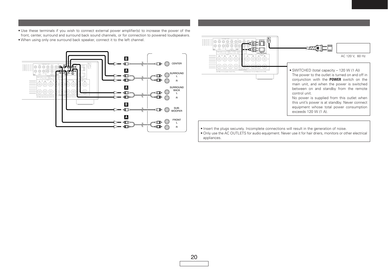 English, Connecting the power supply cord, Connecting the pre out terminals | Denon AVR-787 User Manual | Page 23 / 74