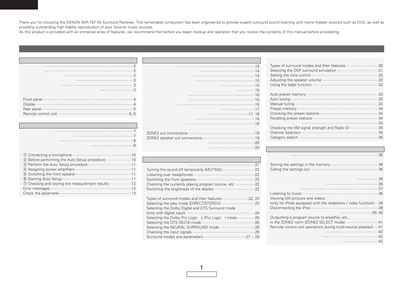 English | Denon AVR-787 User Manual | Page 4 / 74