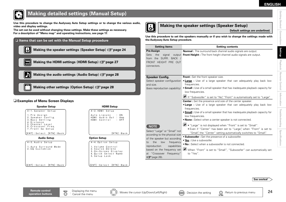 Making detailed settings (manual setup), Making the speaker settings (speaker setup) | Denon AVR 1610 User Manual | Page 27 / 67