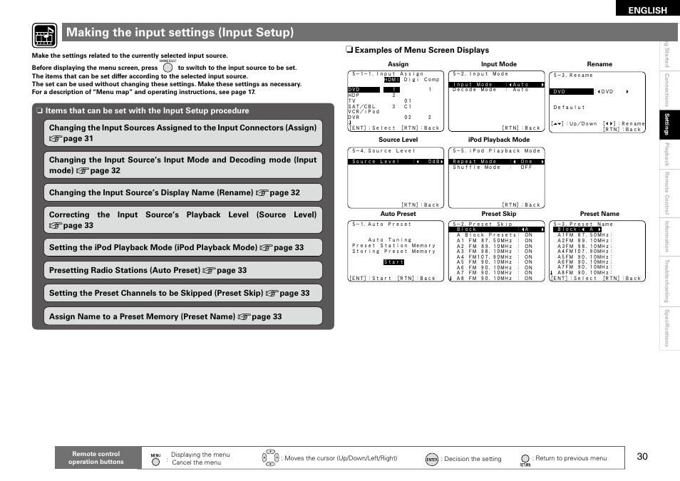 Making the input settings (input setup), English | Denon AVR 1610 User Manual | Page 33 / 67
