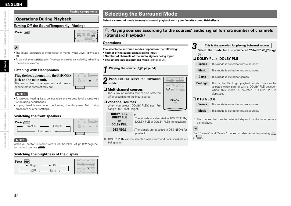 Selecting the surround mode | Denon AVR 1610 User Manual | Page 40 / 67
