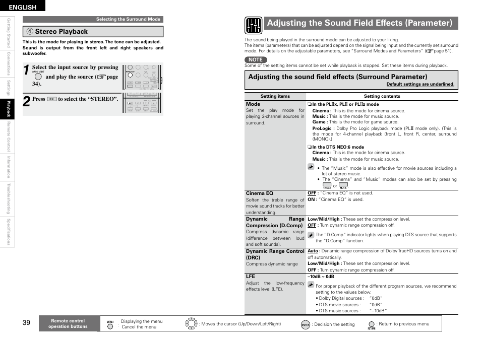 Adjusting the sound field effects (parameter) | Denon AVR 1610 User Manual | Page 42 / 67
