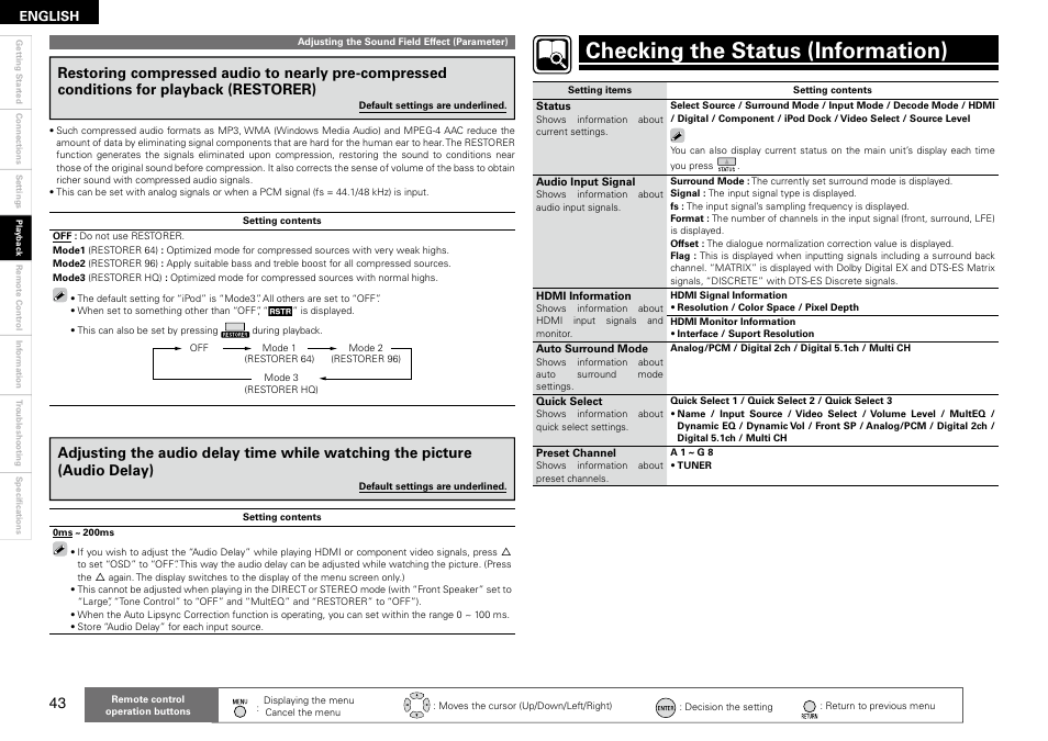 Checking the status (information) | Denon AVR 1610 User Manual | Page 46 / 67