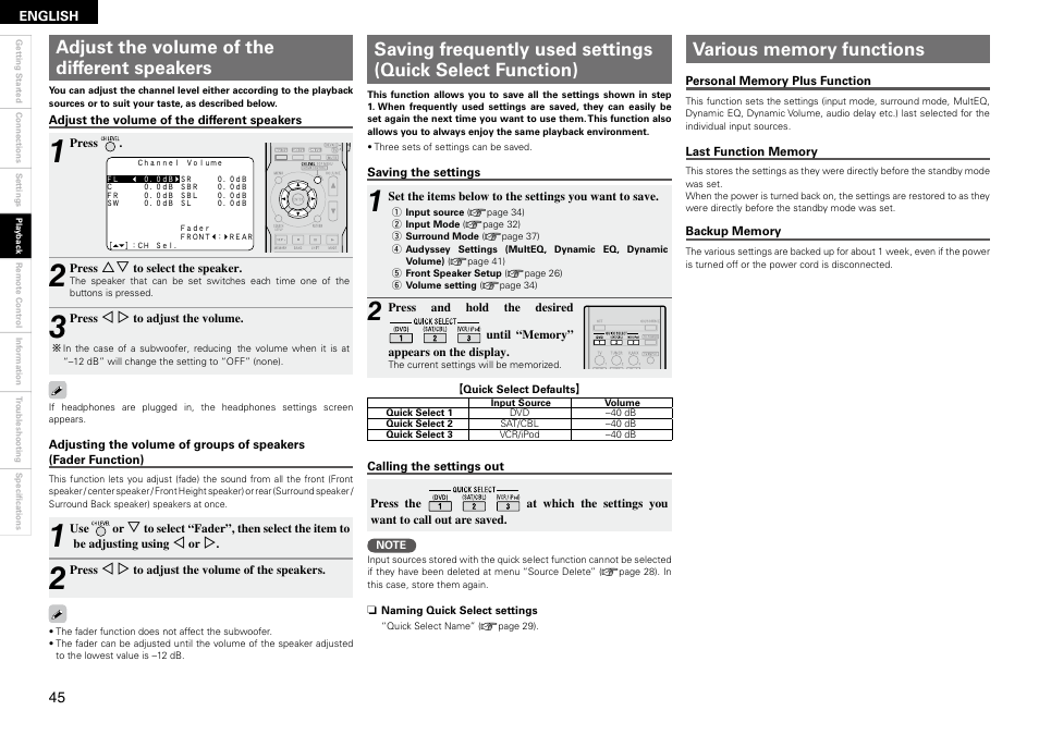 Adjust the volume of the different speakers | Denon AVR 1610 User Manual | Page 48 / 67