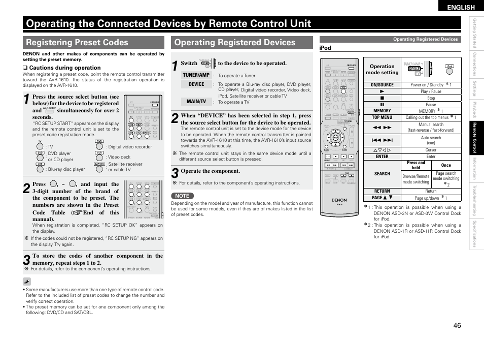 Registering preset codes, Operating registered devices | Denon AVR 1610 User Manual | Page 49 / 67