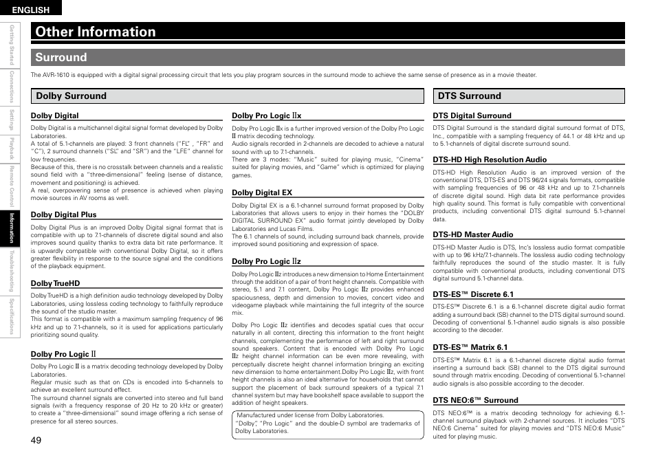 Other information, Surround | Denon AVR 1610 User Manual | Page 52 / 67