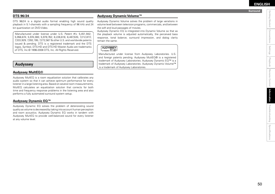 Audyssey | Denon AVR 1610 User Manual | Page 53 / 67