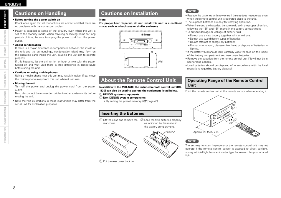 Operating range of the remote control unit, Inserting the batteries | Denon AVR 1610 User Manual | Page 6 / 67
