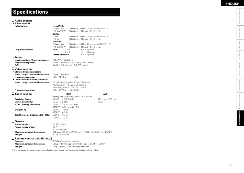 Specifications, English | Denon AVR 1610 User Manual | Page 61 / 67