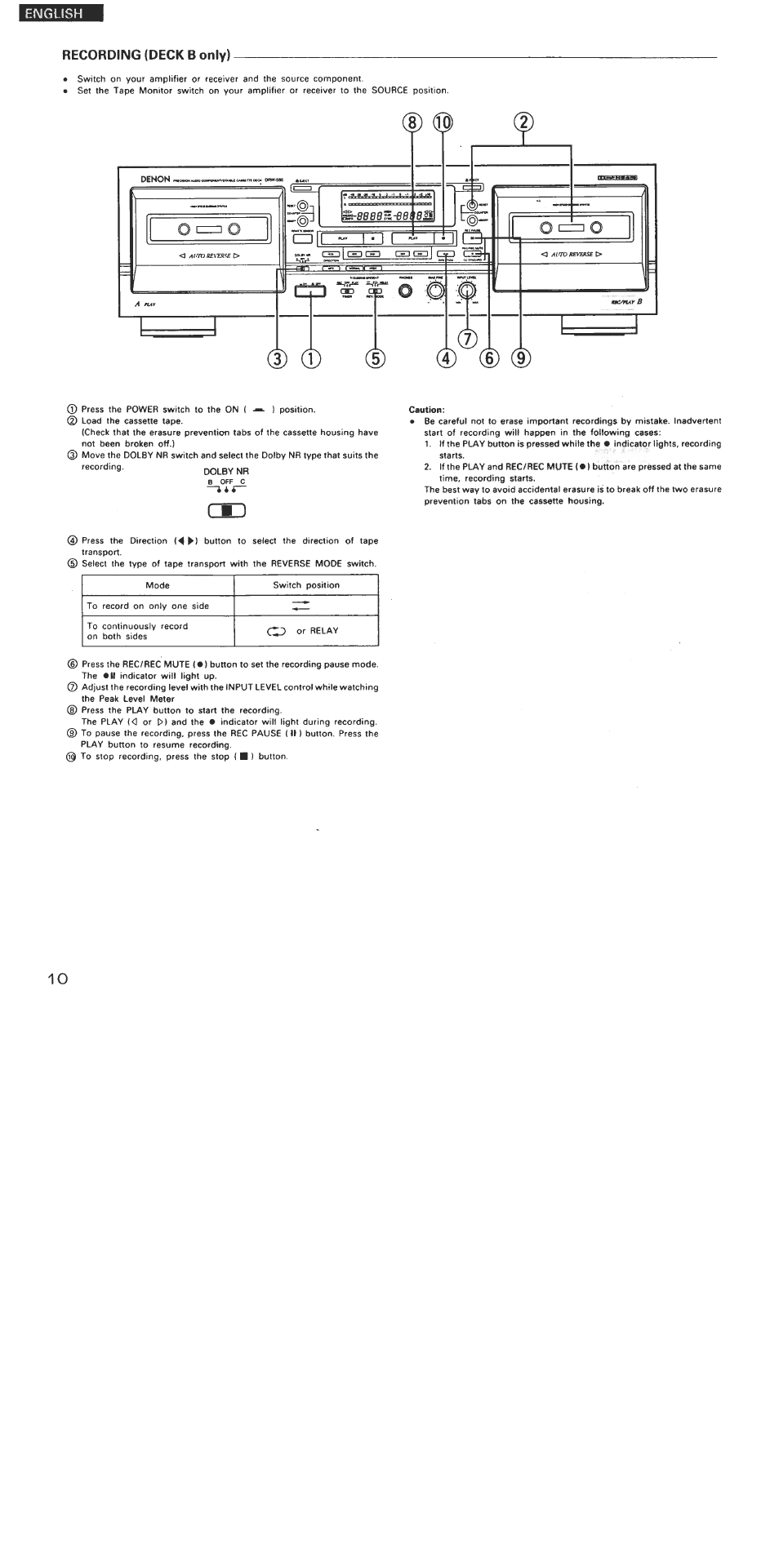 Recording (deck b only), English | Denon DRW-585 User Manual | Page 10 / 17
