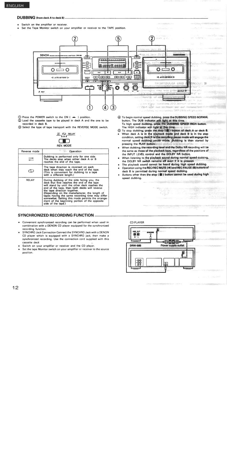 Dubbing (from deck a to deck b), Synchronized recording function, Synchronized recording function ,13 | English | Denon DRW-585 User Manual | Page 12 / 17