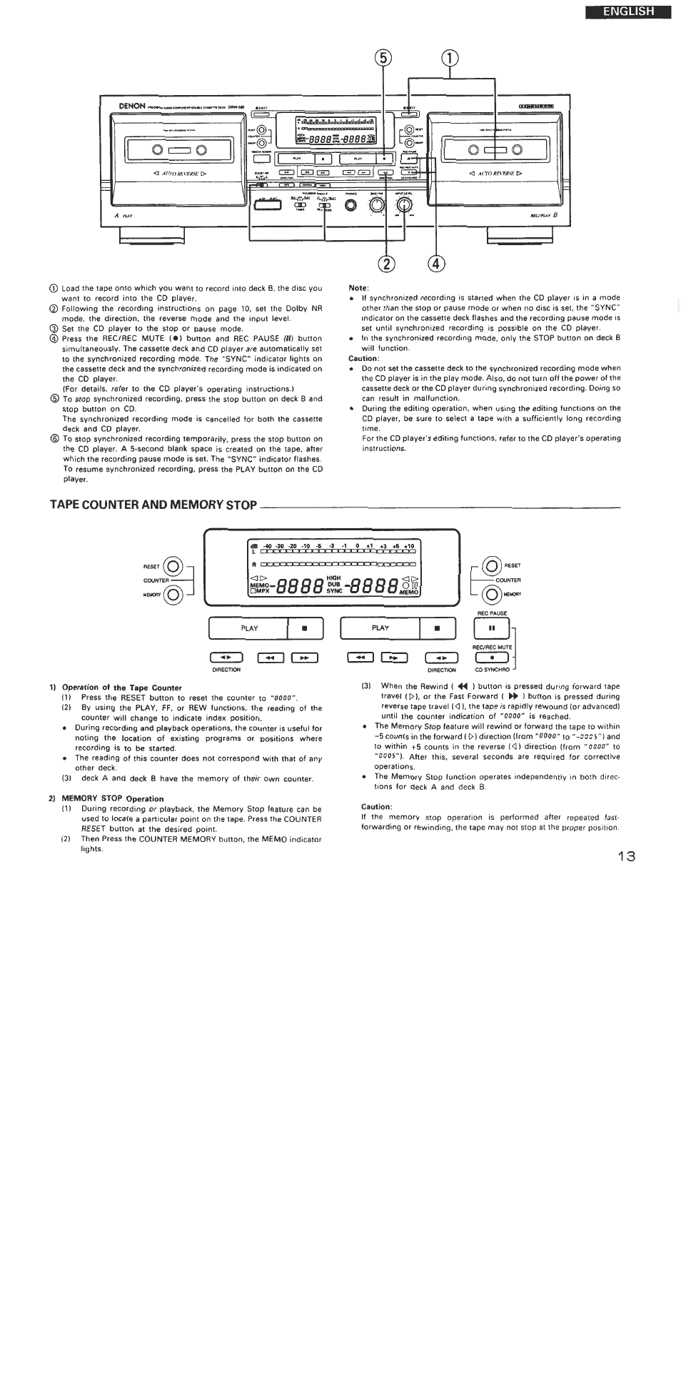 Tape counter and memory stop, English | Denon DRW-585 User Manual | Page 13 / 17