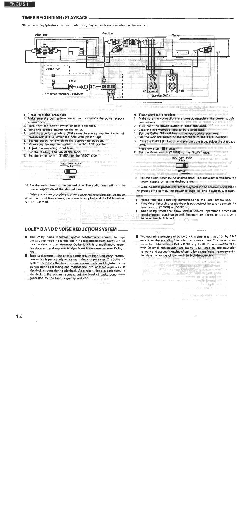 Timer recording/playback, Dolby в and c noise reduction system, English | Denon DRW-585 User Manual | Page 14 / 17