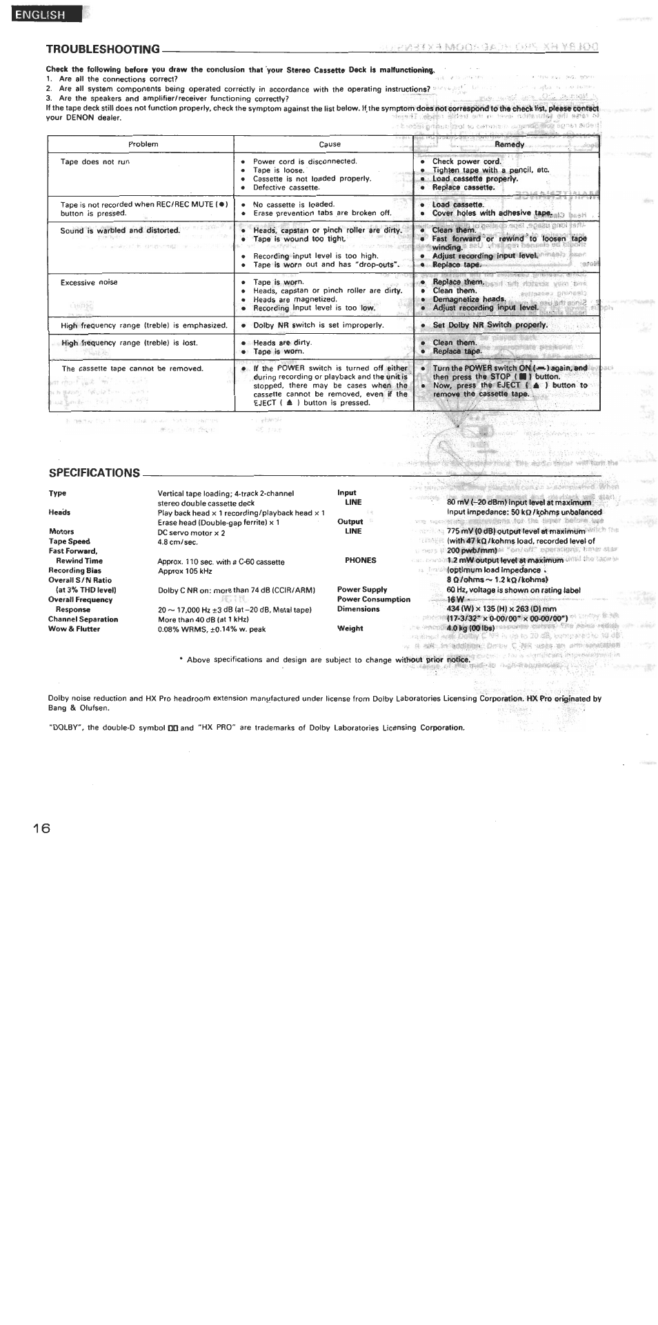 Troubleshooting, Specifications, Troubleshooting specifications | English | Denon DRW-585 User Manual | Page 16 / 17