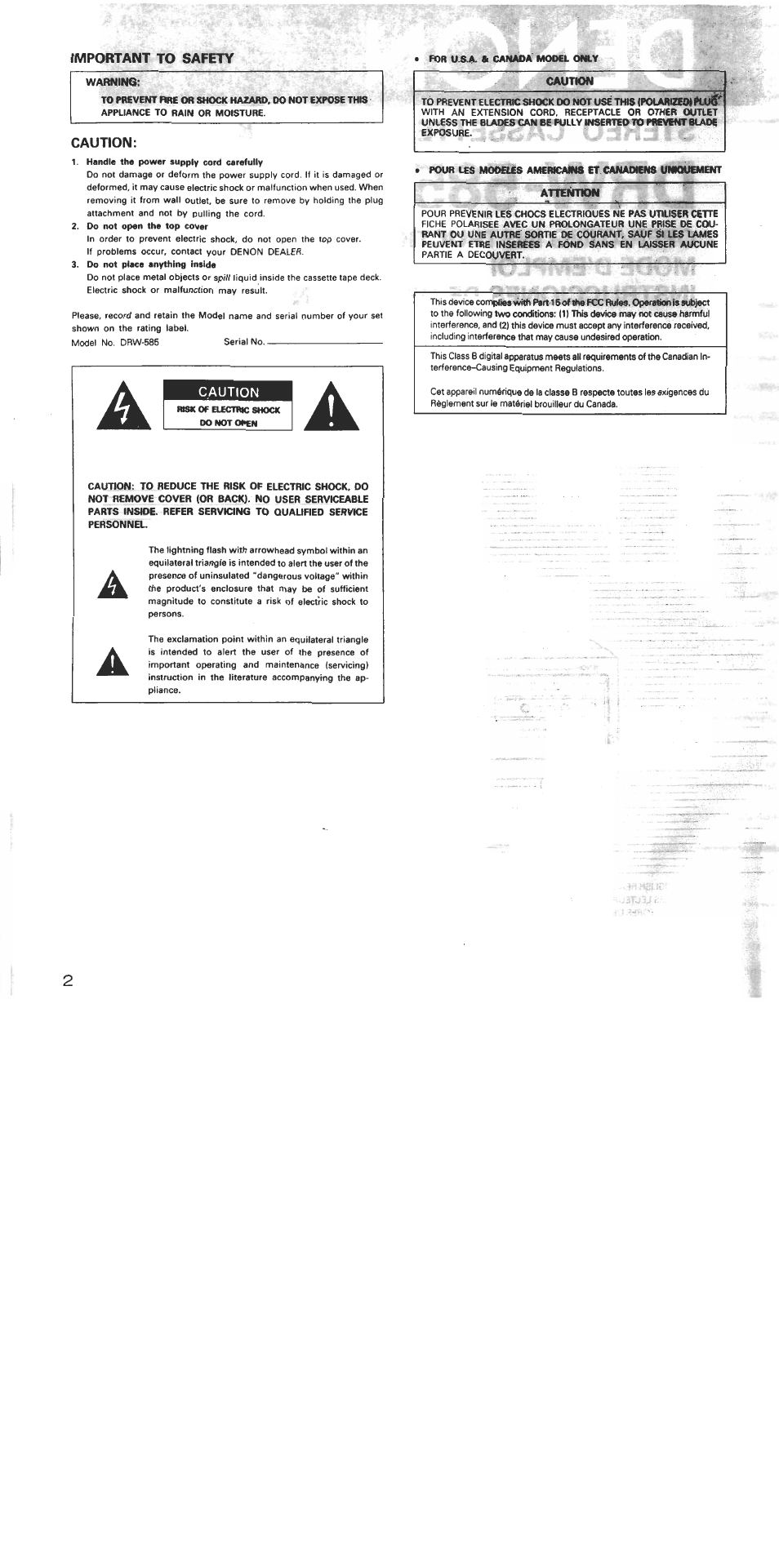 Important to safety, Caution, Attention | Denon DRW-585 User Manual | Page 2 / 17