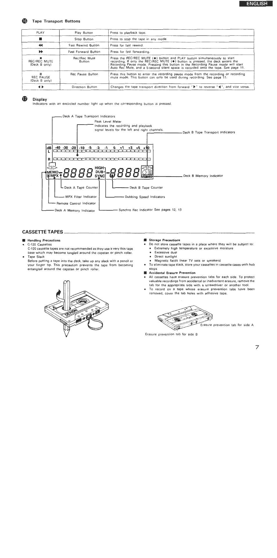 Tape transport buttons, Display, 3[> —j high | If mfx, Cassette tapes, 8888u, English | Denon DRW-585 User Manual | Page 7 / 17