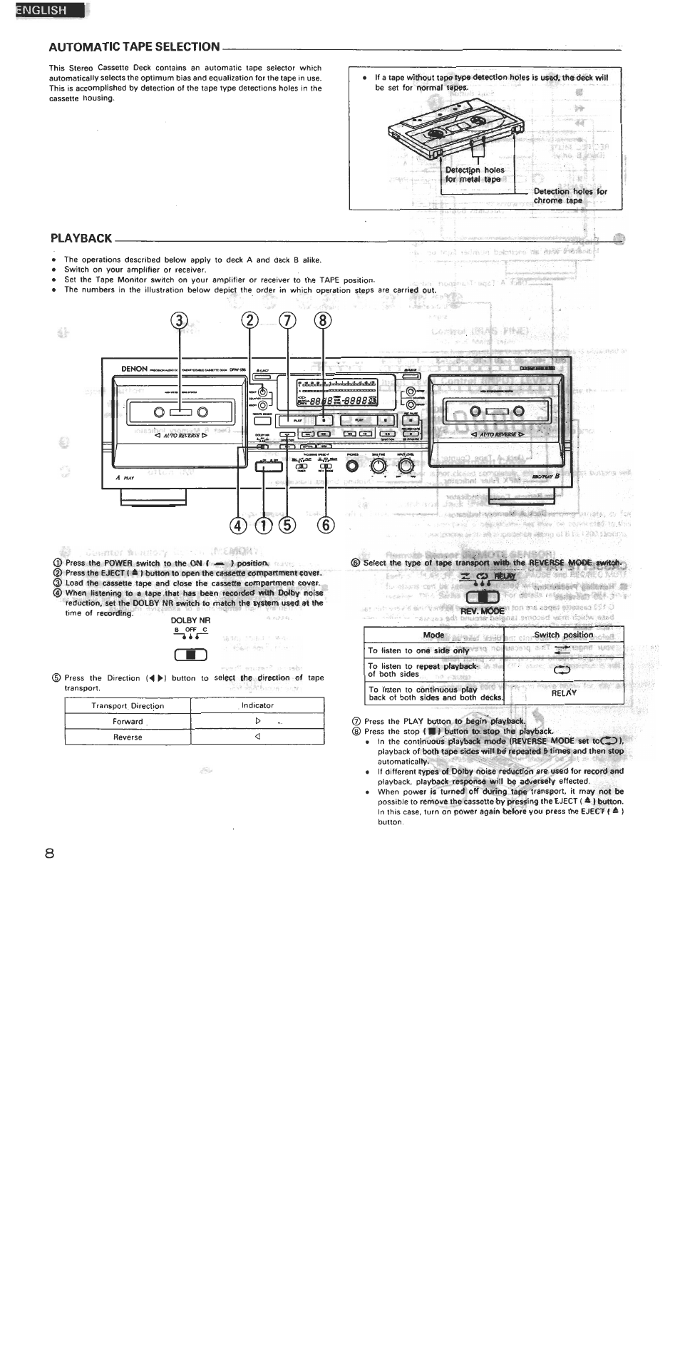 Automatic tape selection, Playback | Denon DRW-585 User Manual | Page 8 / 17