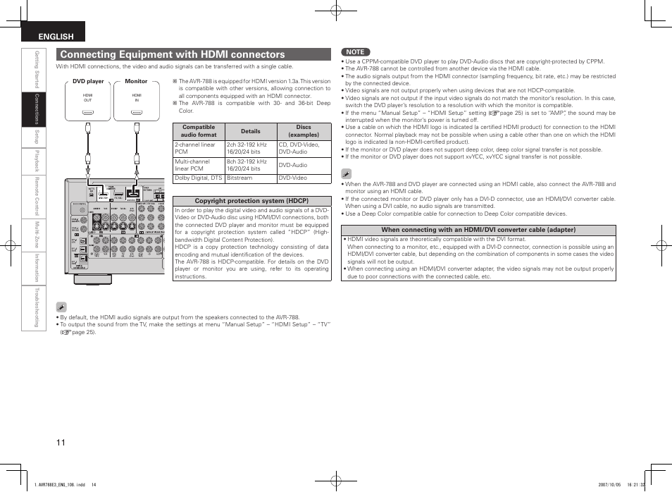 Connecting equipment with hdmi connectors | Denon AVR-788 User Manual | Page 14 / 74