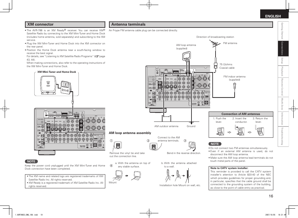 Xm connector, Antenna terminals | Denon AVR-788 User Manual | Page 19 / 74