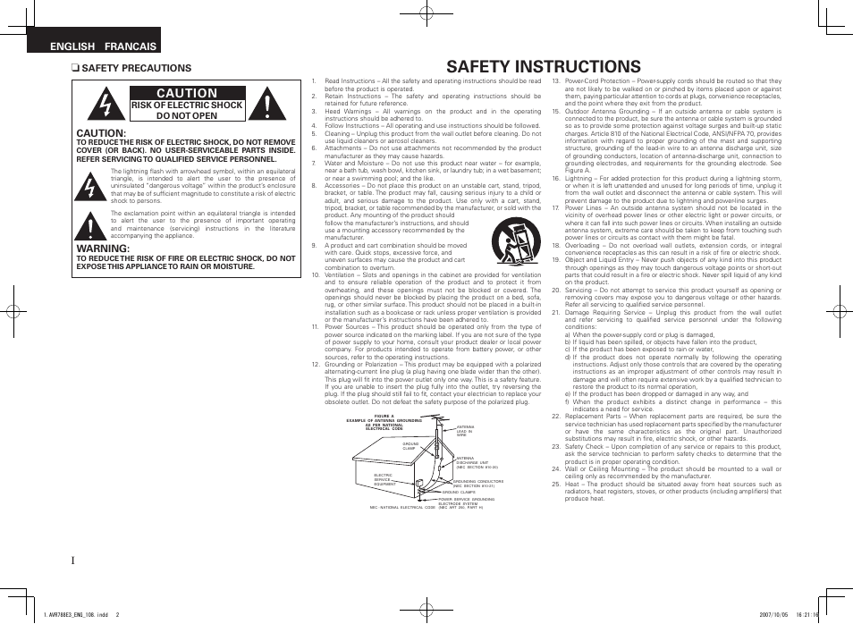 Safety instructions, Caution, Warning | English francais | Denon AVR-788 User Manual | Page 2 / 74