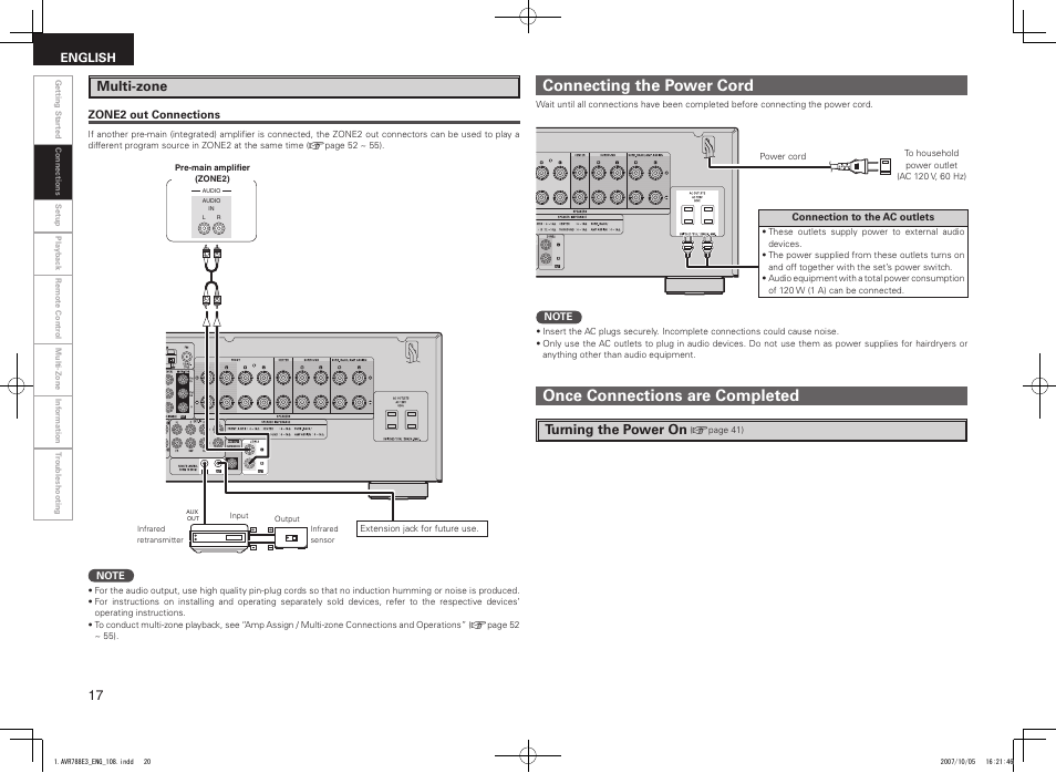 Connecting the power cord, Once connections are completed, Multi-zone | Turning the power on, English | Denon AVR-788 User Manual | Page 20 / 74