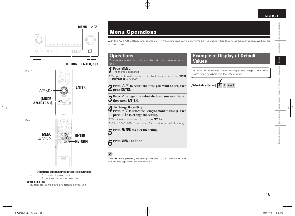 Menu operations, Operations, Example of display of default values | Denon AVR-788 User Manual | Page 21 / 74