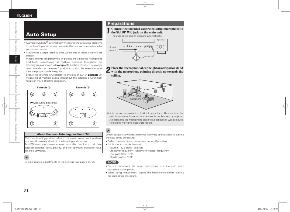 Auto setup, Preparations | Denon AVR-788 User Manual | Page 24 / 74