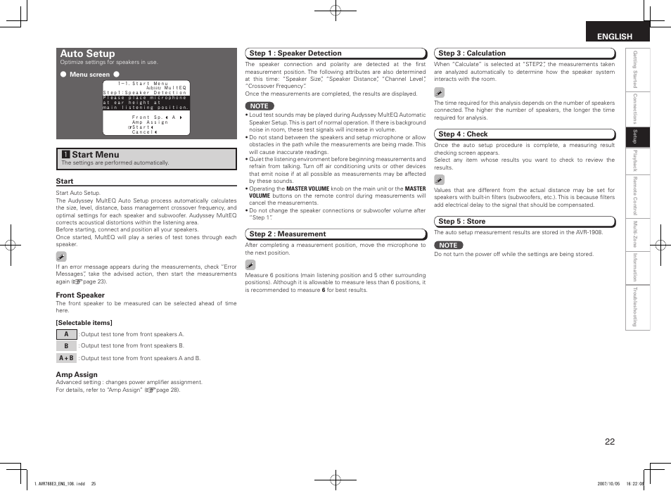 Auto setup, Astart menu | Denon AVR-788 User Manual | Page 25 / 74