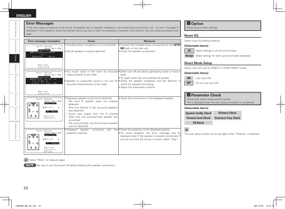 Error messages, Soption, Dparameter check | Denon AVR-788 User Manual | Page 26 / 74