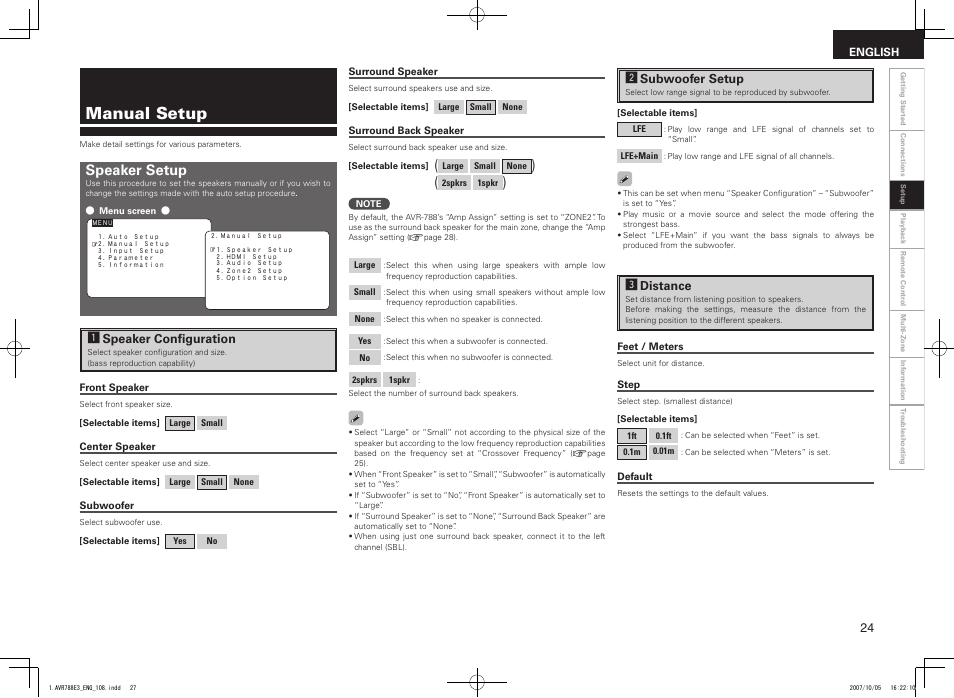 Manual setup, Speaker setup | Denon AVR-788 User Manual | Page 27 / 74