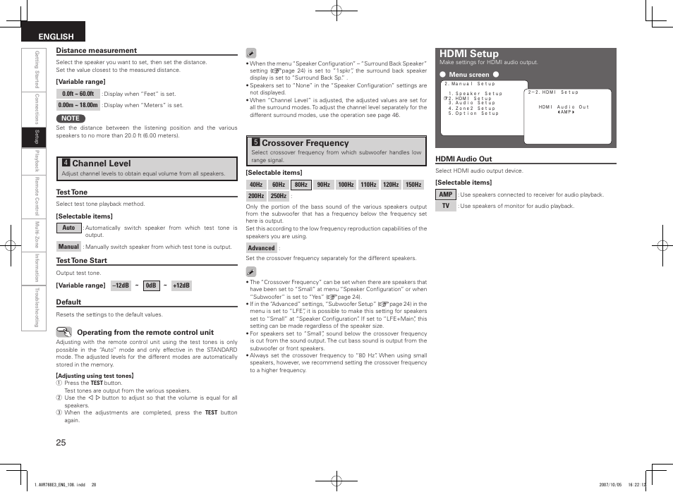 Hdmi setup, Fchannel level, Gcrossover frequency | Denon AVR-788 User Manual | Page 28 / 74