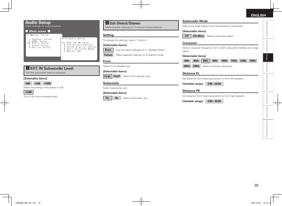 Audio setup, S2ch direct/stereo, Aext. in subwoofer level | Denon AVR-788 User Manual | Page 29 / 74