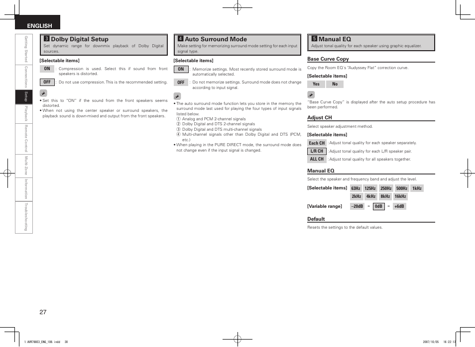 Ddolby digital setup, Fauto surround mode, Gmanual eq | Denon AVR-788 User Manual | Page 30 / 74