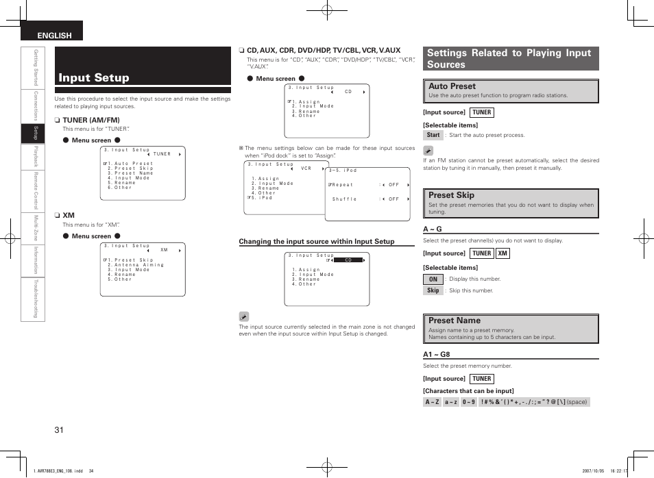 Input setup, Settings related to playing input sources, Auto preset | Preset skip, Preset name | Denon AVR-788 User Manual | Page 34 / 74