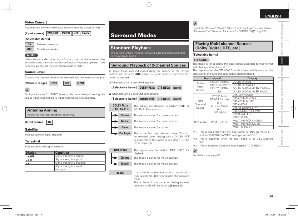 Surround modes, Standard playback, Antenna aiming | Surround playback of 2-channel sources | Denon AVR-788 User Manual | Page 37 / 74