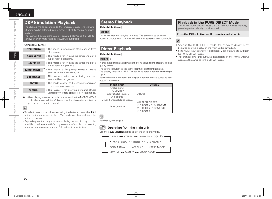 Dsp simulation playback, Direct playback, Stereo playback | Playback in the pure direct mode | Denon AVR-788 User Manual | Page 38 / 74