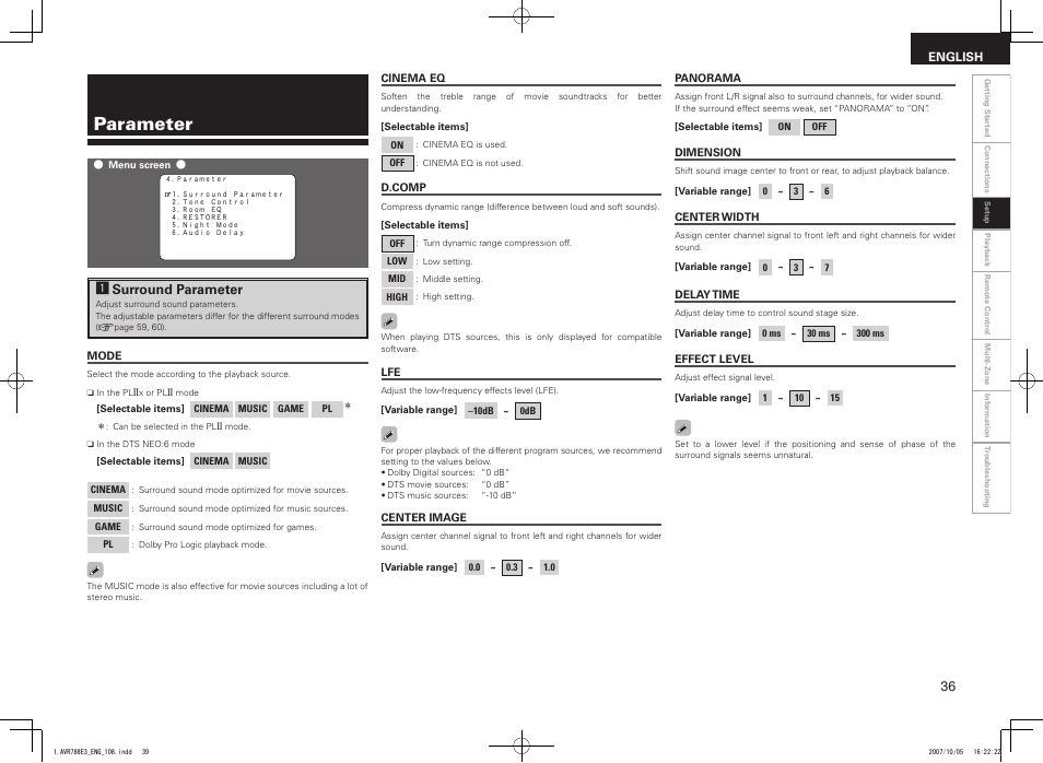 Parameter, Asurround parameter | Denon AVR-788 User Manual | Page 39 / 74