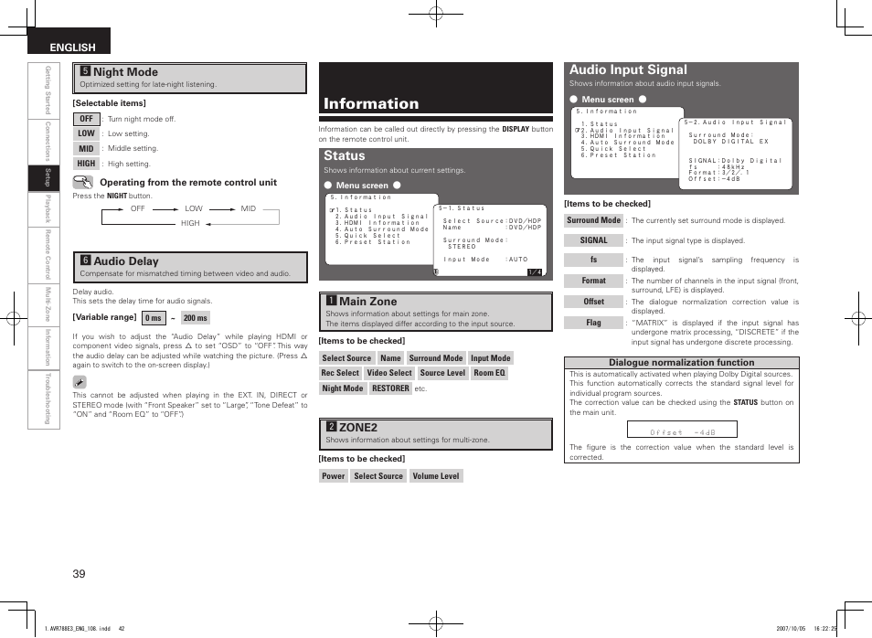 Information, Status, Audio input signal | Gnight mode, Haudio delay, Amain zone, Szone2 | Denon AVR-788 User Manual | Page 42 / 74