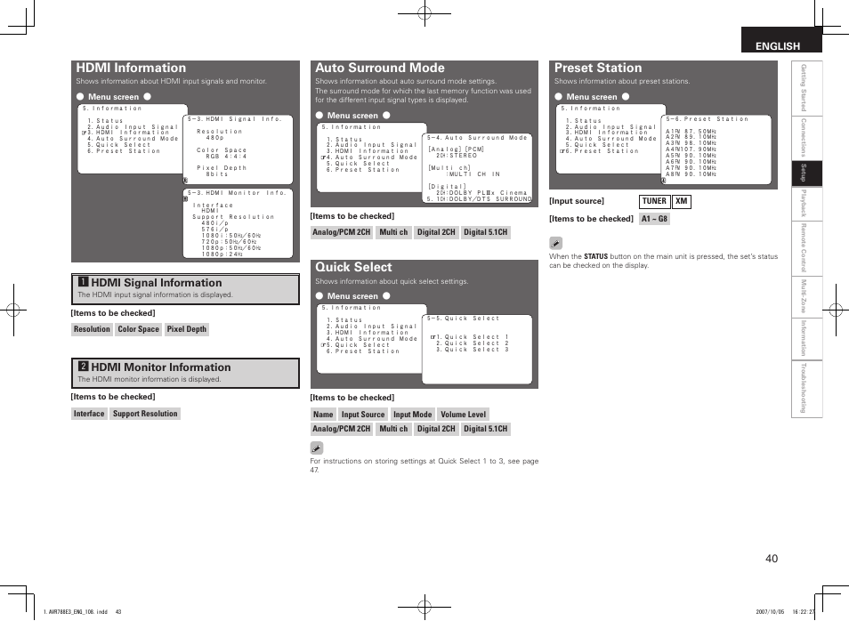 Hdmi information, Auto surround mode, Quick select | Preset station, Ahdmi signal information, Shdmi monitor information | Denon AVR-788 User Manual | Page 43 / 74