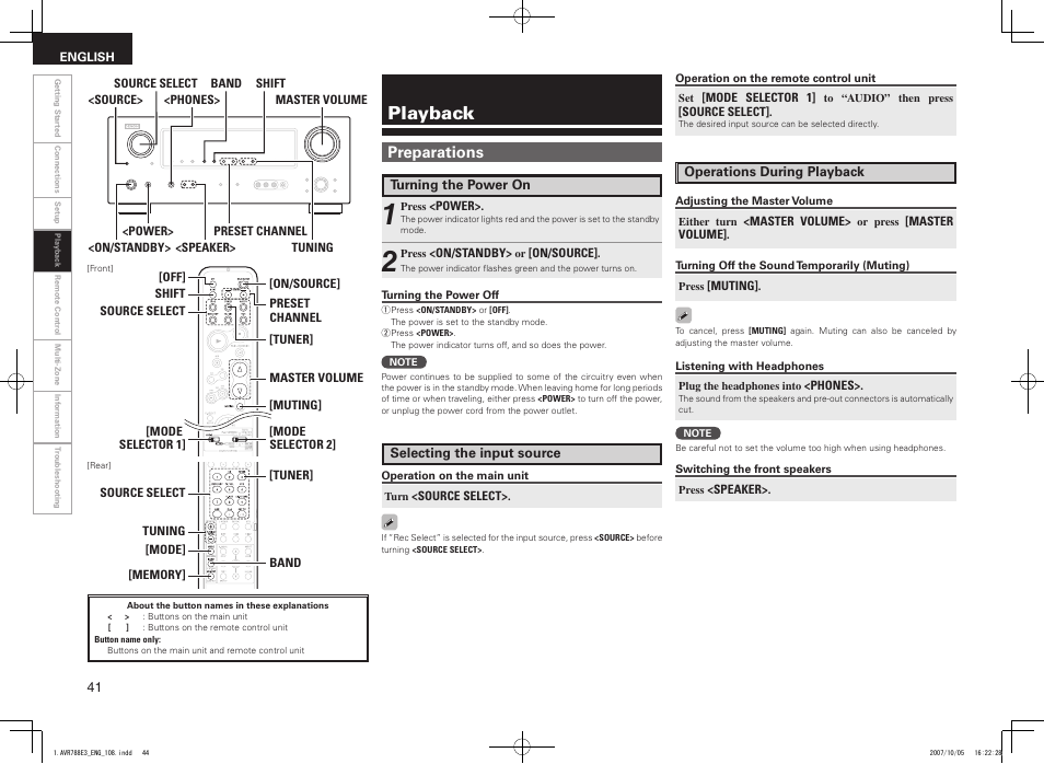 Playback, Preparations | Denon AVR-788 User Manual | Page 44 / 74