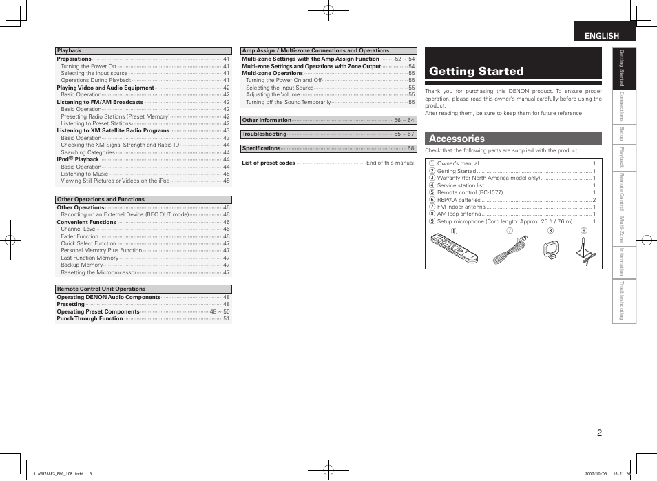 Getting started, Accessories | Denon AVR-788 User Manual | Page 5 / 74