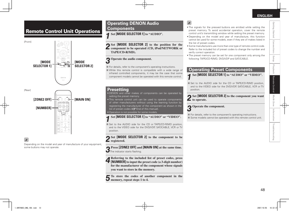 Remote control unit operations | Denon AVR-788 User Manual | Page 51 / 74