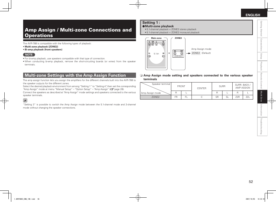 Amp assign / multi-zone connections and operations, Multi-zone settings with the amp assign function, Setting 1 | Denon AVR-788 User Manual | Page 55 / 74