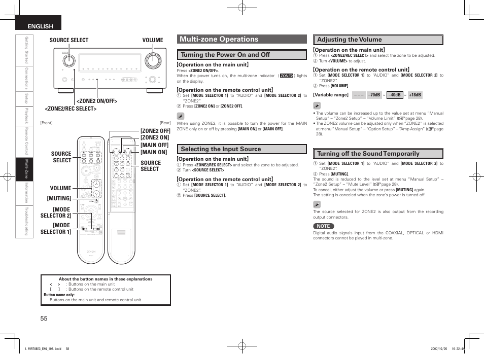 Multi-zone operations | Denon AVR-788 User Manual | Page 58 / 74