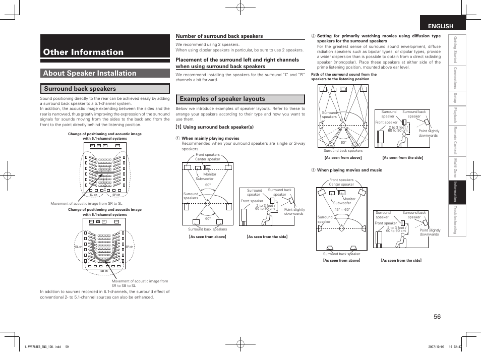 Other information, About speaker installation, Surround back speakers | Examples of speaker layouts, English | Denon AVR-788 User Manual | Page 59 / 74