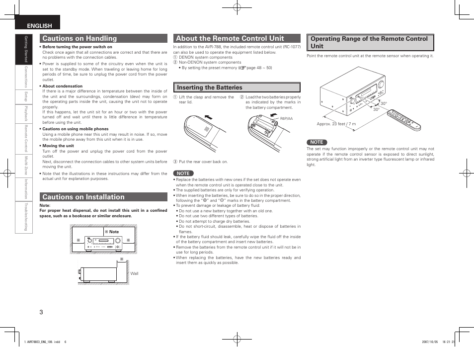 About the remote control unit, Cautions on handling cautions on installation, Inserting the batteries | Operating range of the remote control unit | Denon AVR-788 User Manual | Page 6 / 74